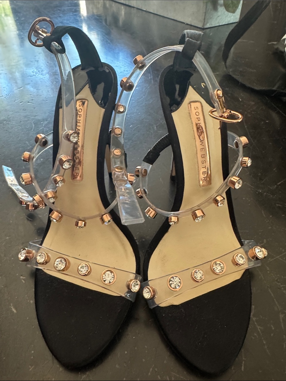 Sophia Webster Black and Clear Crystal Embellished Slingback Sandals